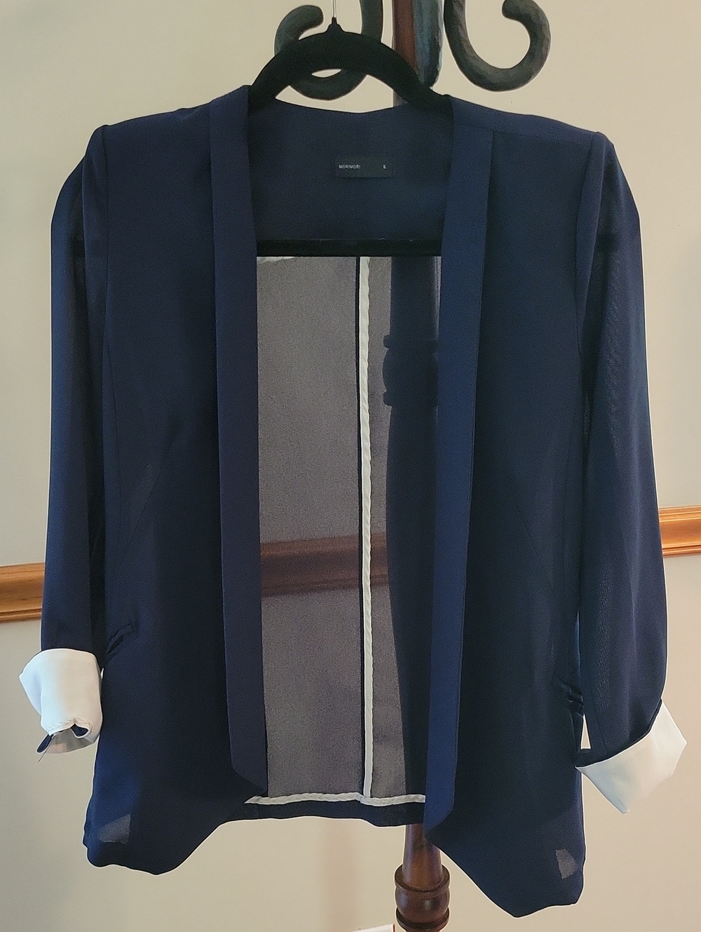 MORIMORI Dark Navy Blue Open Front Draped Lightweight Blazer Jacket Size S